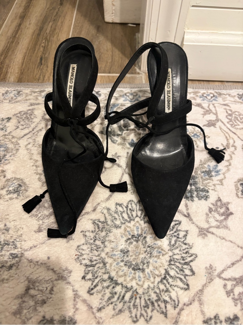 Manolo Blahnik Black Suede Pointed Lace-Up Stiletto Heels - Picture 3 of 6